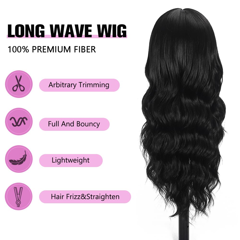 Black Wig with Bangs Long curly wavy Wigs for Women26In Synthetic Black Wig