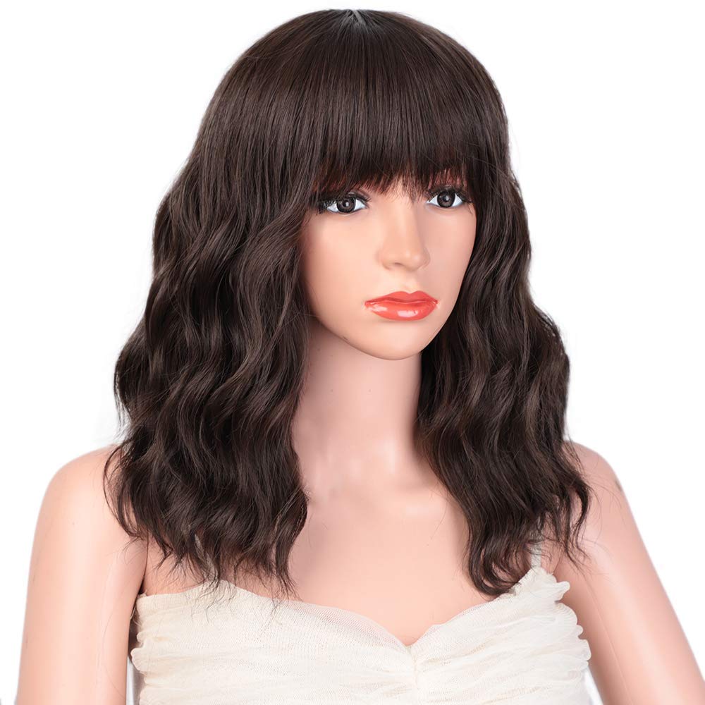 Black Mixed Brown Wig for Black Women Short Wavy Curly Bob Wig with Bangs