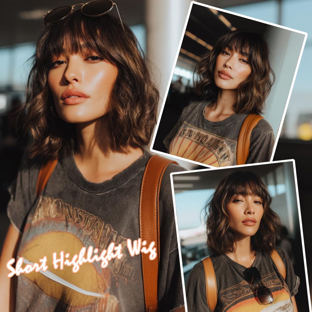 White Silver Wigs for Women Ombre Grey Wavy Bob Short Wigs with Bangs Medium Length Synthetic Hair Water Wave Dark Roots Wig Gray Colorful Wigs（14 Inches）