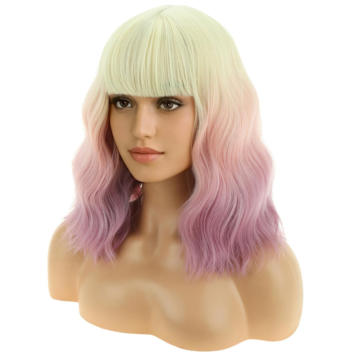 BERON 14 Inches Pink Wig for Women Girls Short Curly Synthetic Wig with Bangs Lovely Pink