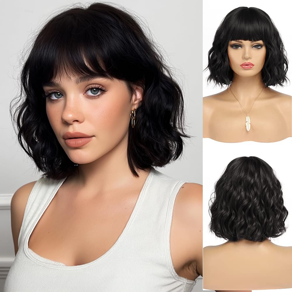 White Silver Wigs for Women Ombre Grey Wavy Bob Short Wigs with Bangs Medium Length Synthetic Hair Water Wave Dark Roots Wig Gray Colorful Wigs（14 Inches）