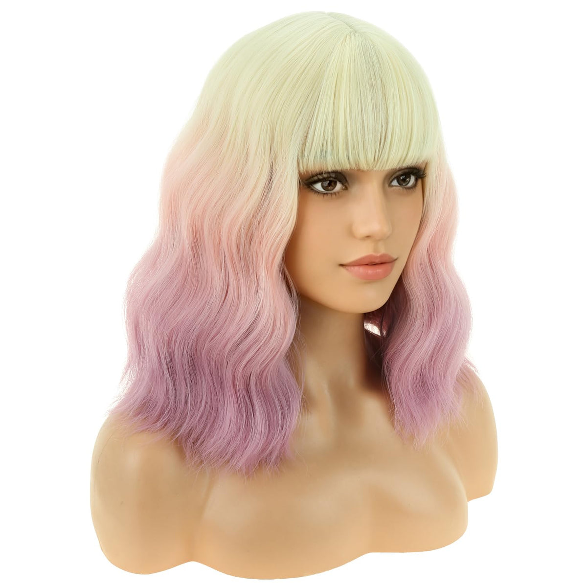 BERON 14 Inches Pink Wig for Women Girls Short Curly Synthetic Wig with Bangs Lovely Pink