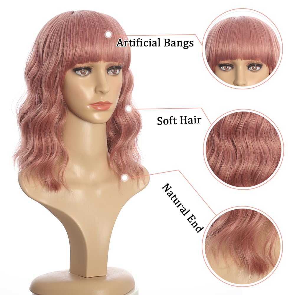 Black Mixed Brown Wig for Black Women Short Wavy Curly Bob Wig with Bangs