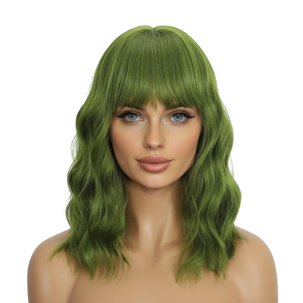 Dark Purple Wigs with Bangs for Women 14 Inch Short Wavy Bob Wigs Synthetic Bob Wig Curly Wig Heat Resistant Colorful Wavy Wig Cosplay Wigs For Daily Party Halloween
