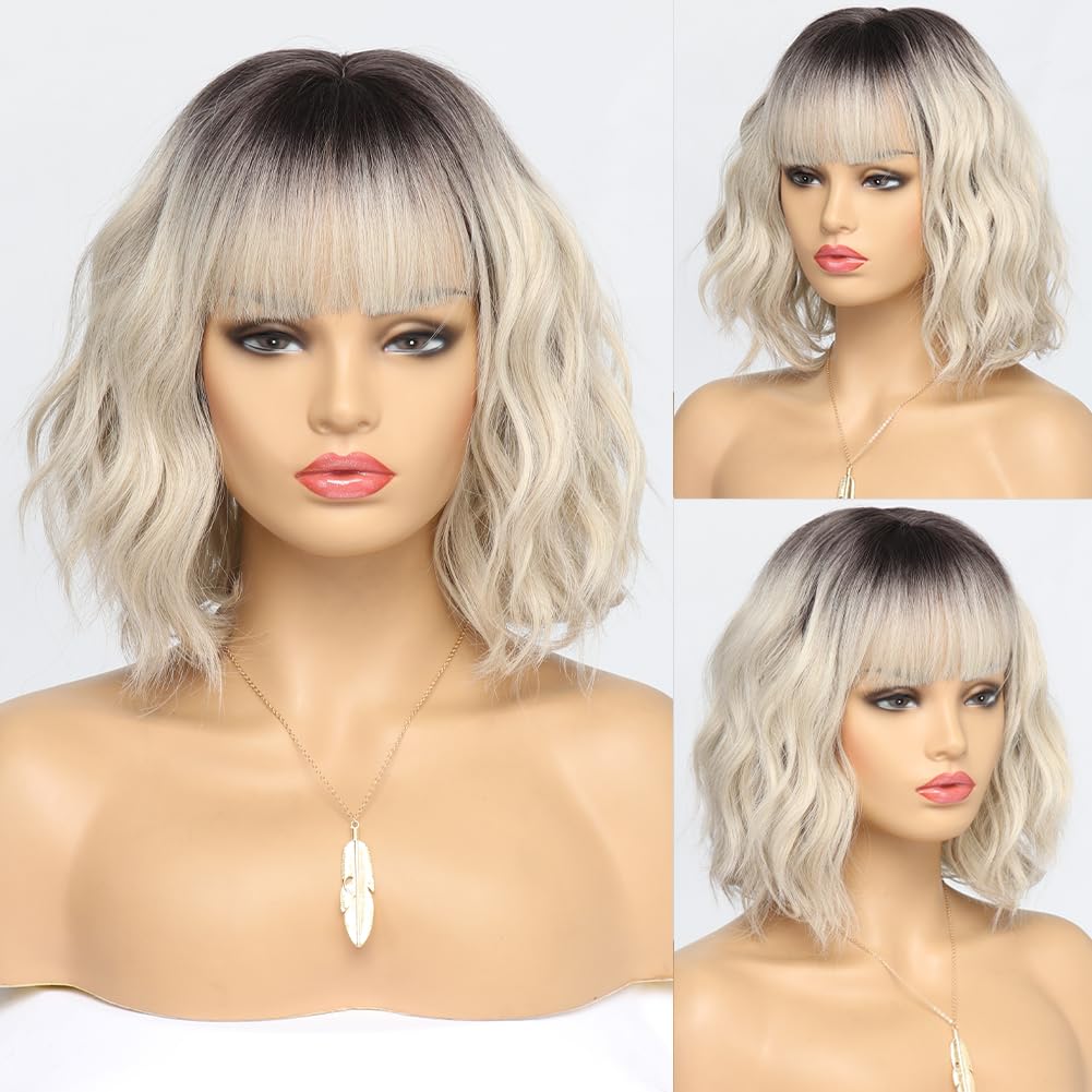 White Silver Wigs for Women Ombre Grey Wavy Bob Short Wigs with Bangs Medium Length Synthetic Hair Water Wave Dark Roots Wig Gray Colorful Wigs（14 Inches）