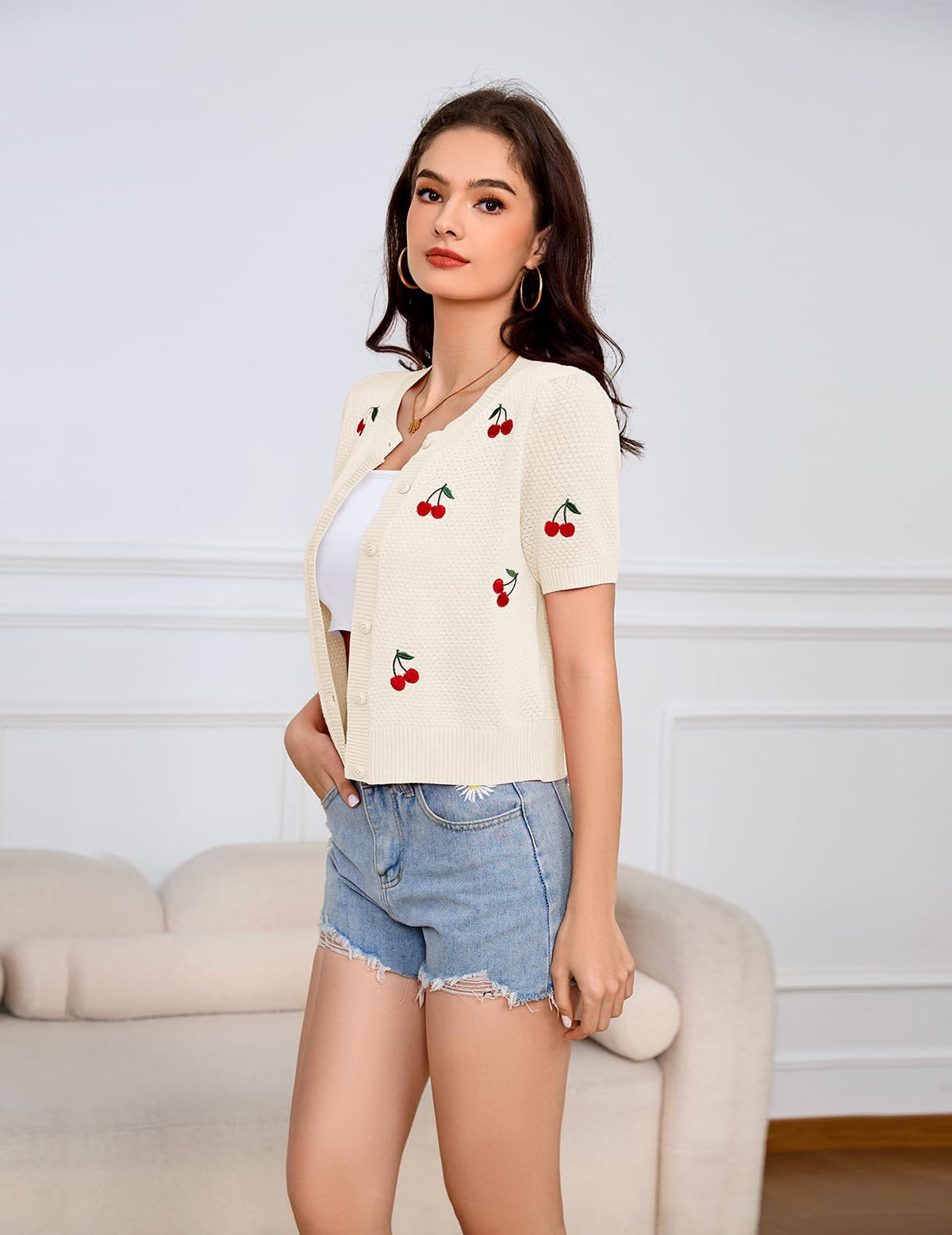 Bbonlinedress Women Cherry Short Sleeve Cardigan Tops Vintage Sweater Shirt