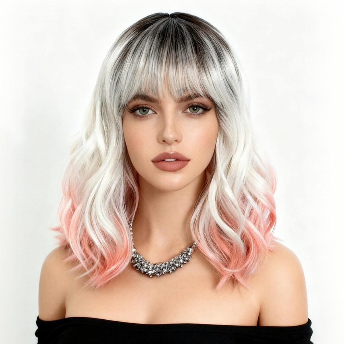 NOBLE Blue Wig with Bangs 12 Inches Short Bob Curly Wig Blue Wigs for Women Colorful Wavy Bob Wigs with Air Bangs Heat Resistant Synthetic Silver Blue Halloween Wigs for Cosplay Party
