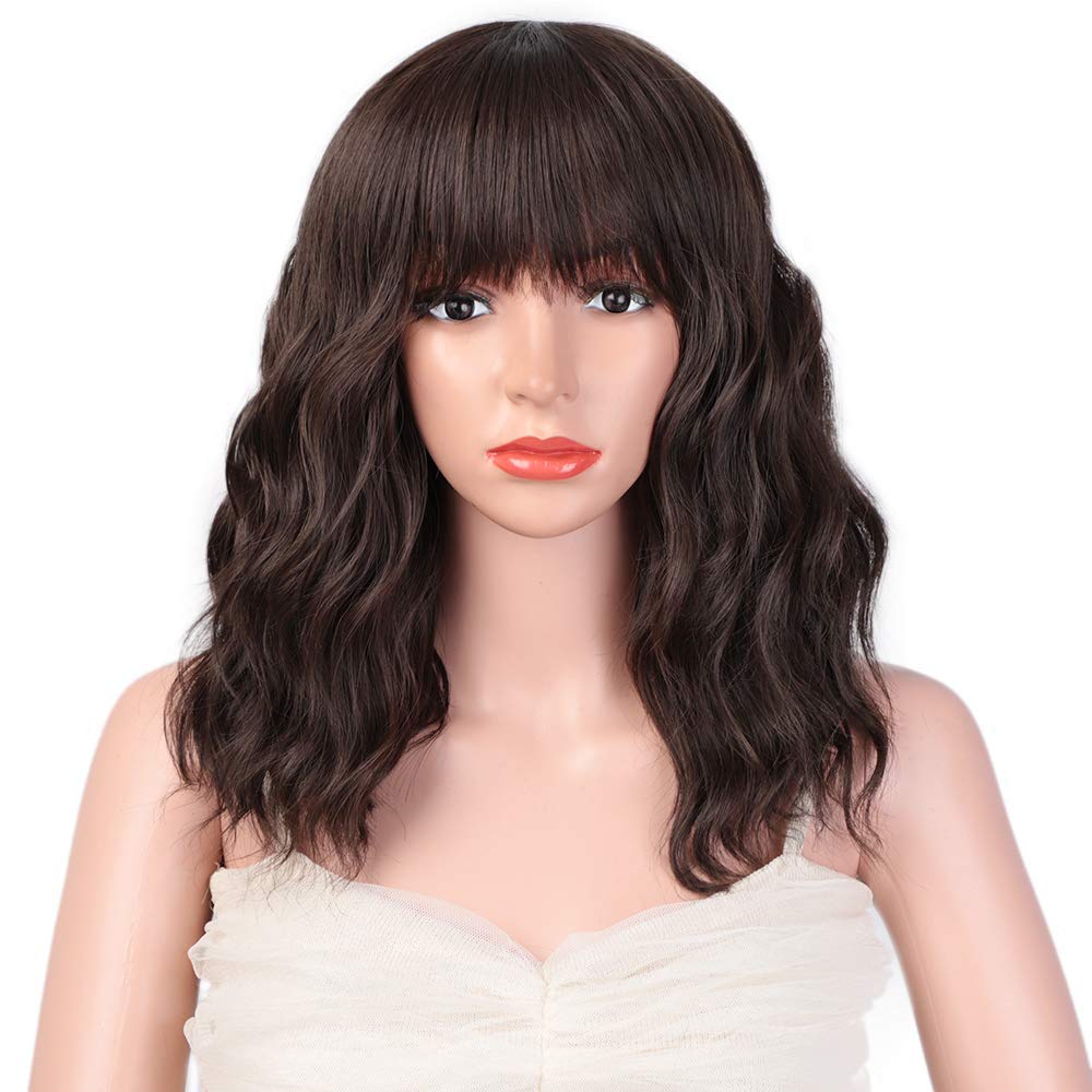 Black Mixed Brown Wig for Black Women Short Wavy Curly Bob Wig with Bangs