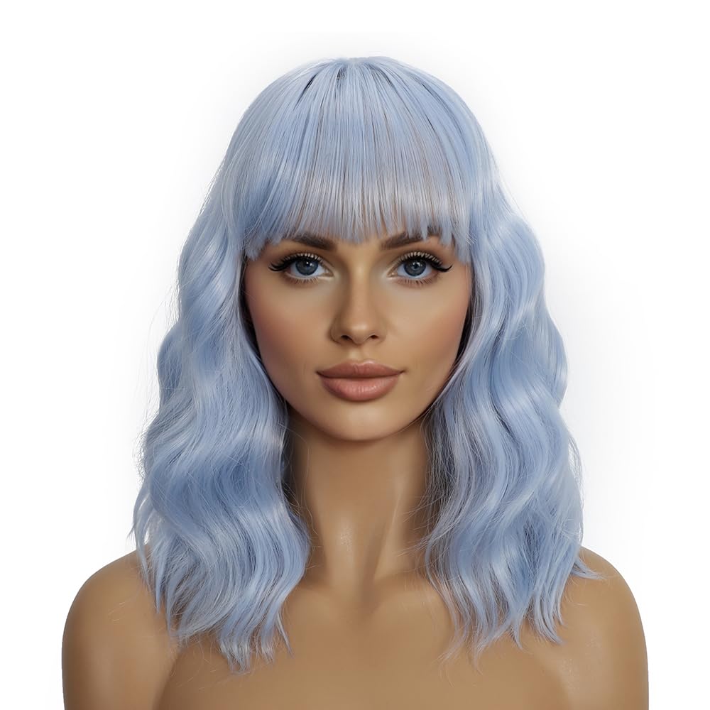 Dark Purple Wigs with Bangs for Women 14 Inch Short Wavy Bob Wigs Synthetic Bob Wig Curly Wig Heat Resistant Colorful Wavy Wig Cosplay Wigs For Daily Party Halloween