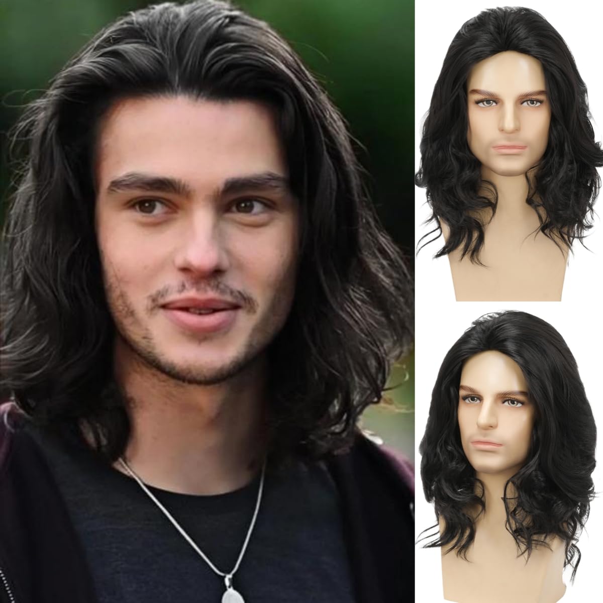 Mens Black Wig Long Curly Natural Hair Wig Layered Wavy for Daily Party Costume Cospaly Halloween