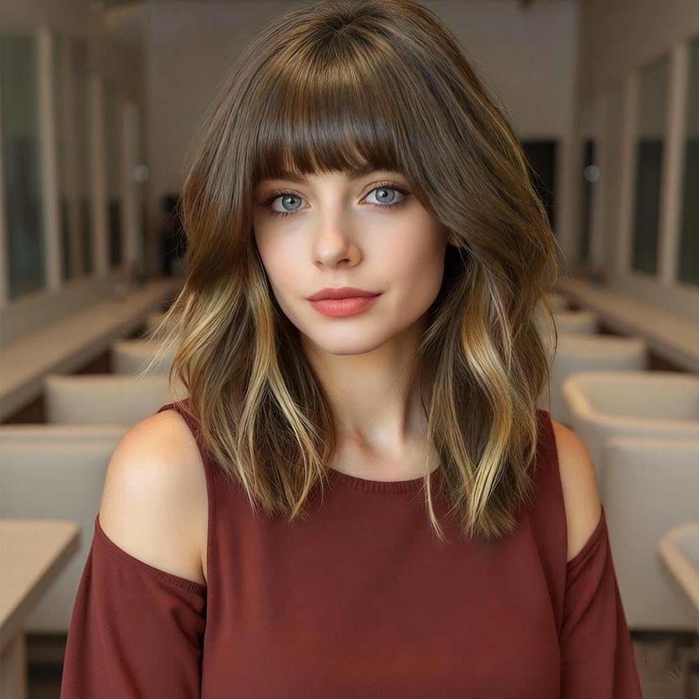 Black Mixed Brown Wig for Black Women Short Wavy Curly Bob Wig with Bangs