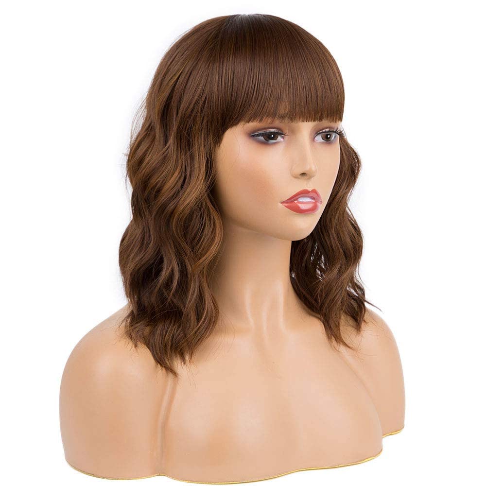 Black Mixed Brown Wig for Black Women Short Wavy Curly Bob Wig with Bangs