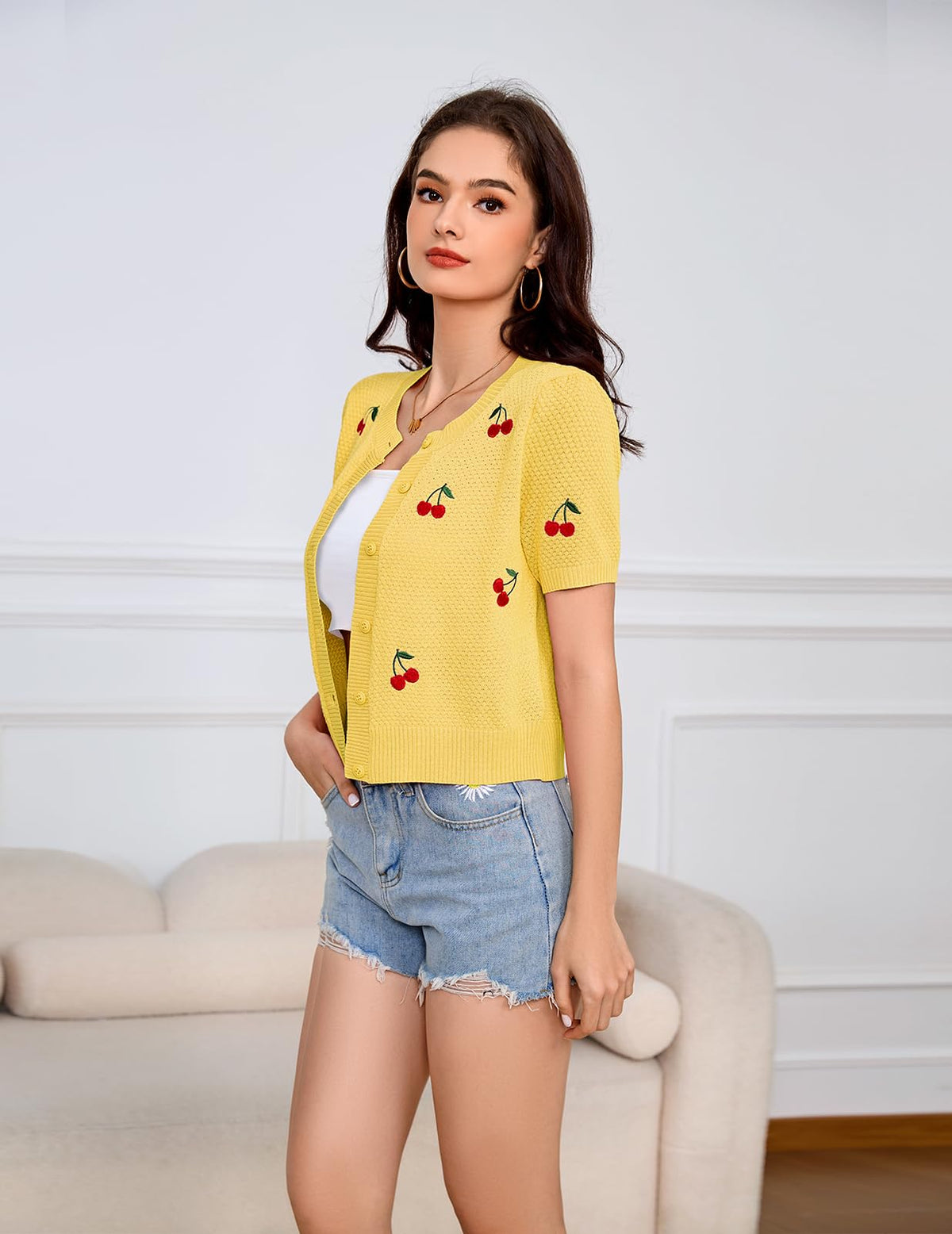 Bbonlinedress Women Cherry Short Sleeve Cardigan Tops Vintage Sweater Shirt