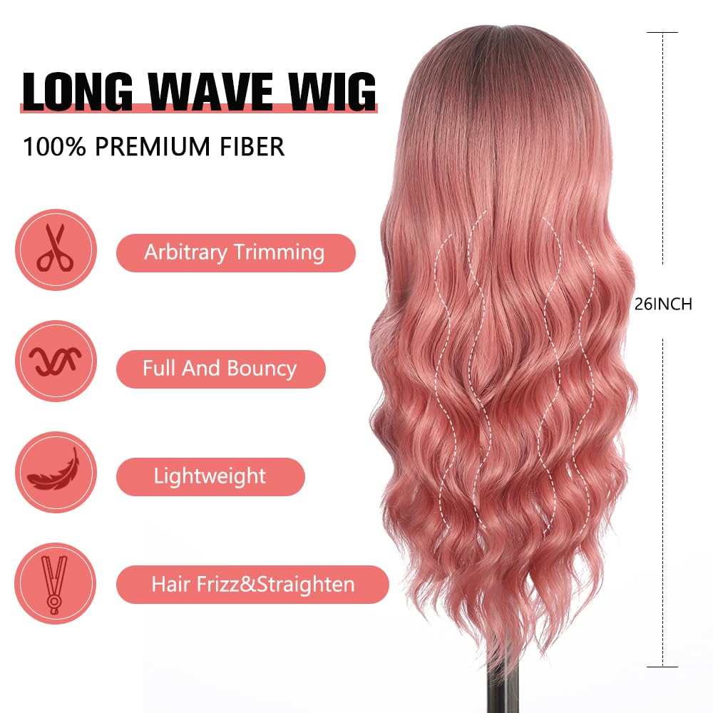 Black Wig with Bangs Long curly wavy Wigs for Women26In Synthetic Black Wig