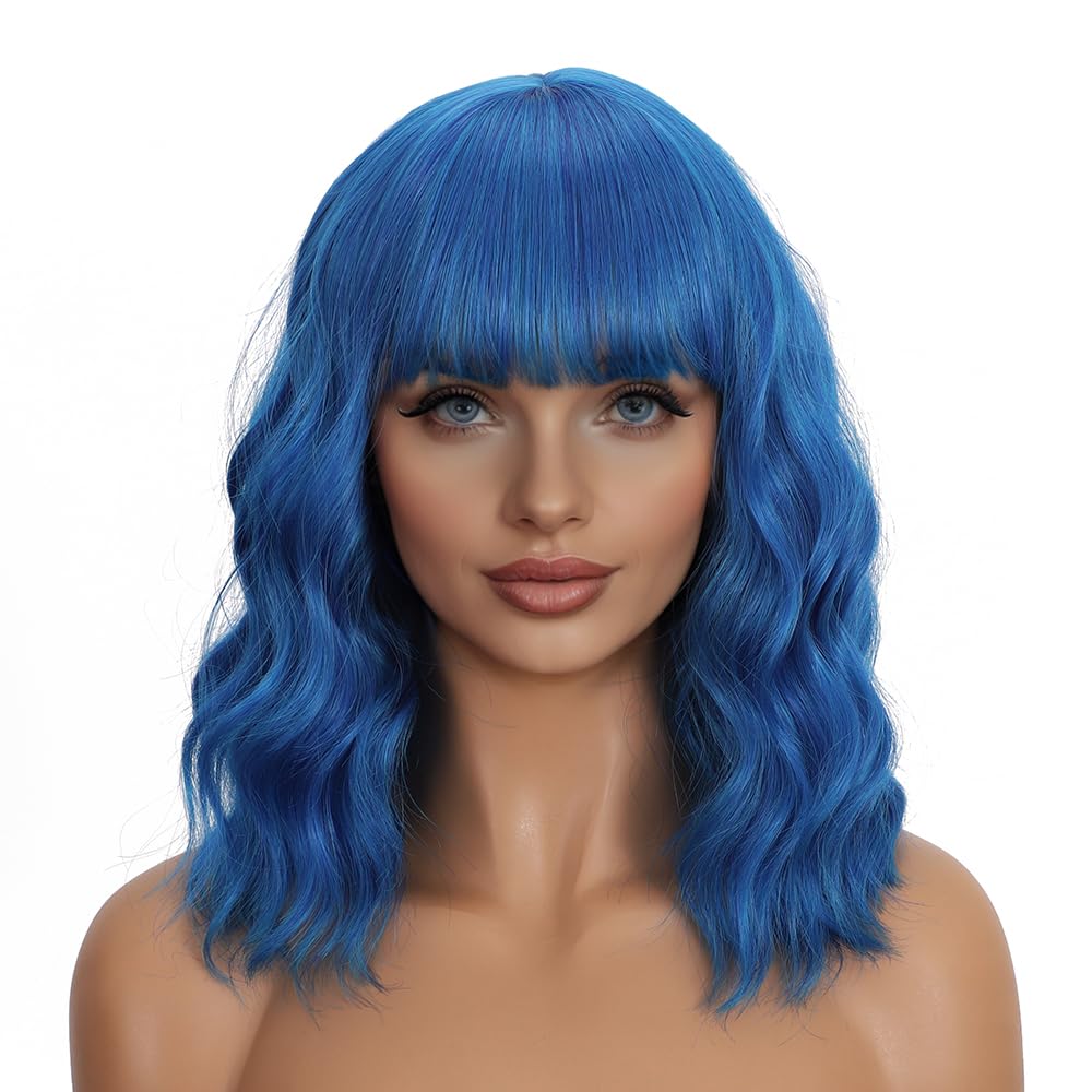 Dark Purple Wigs with Bangs for Women 14 Inch Short Wavy Bob Wigs Synthetic Bob Wig Curly Wig Heat Resistant Colorful Wavy Wig Cosplay Wigs For Daily Party Halloween