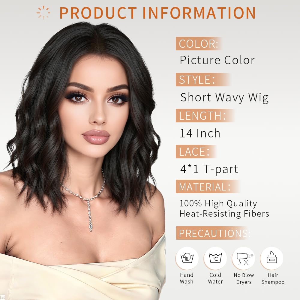 Short Wavy Wig with Bangs Black Mixed Brown Bob Curly Wigs for Women 14inch