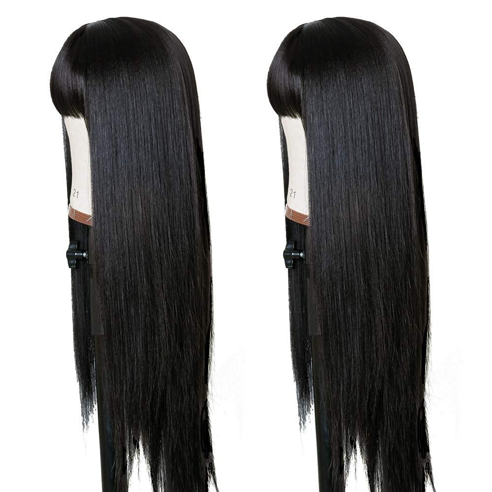 Long Straight Remy Hair Wigs Natural Black Heat Resistant Fiber Hair Full Machine Wig with Bangs Cosplay Party Wig For Fashion Women (24 Inch)