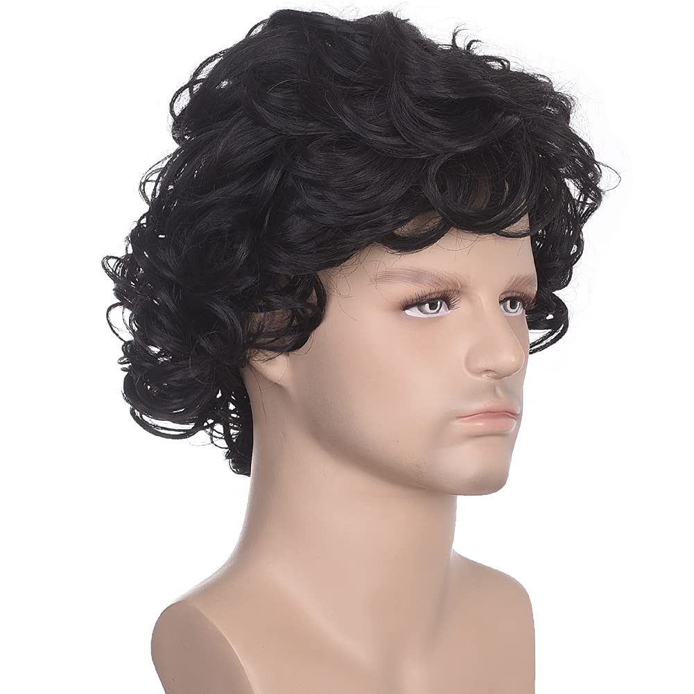 70s Disco Black Jerry Curl Wig with Glasses Mustache Necklace for Men