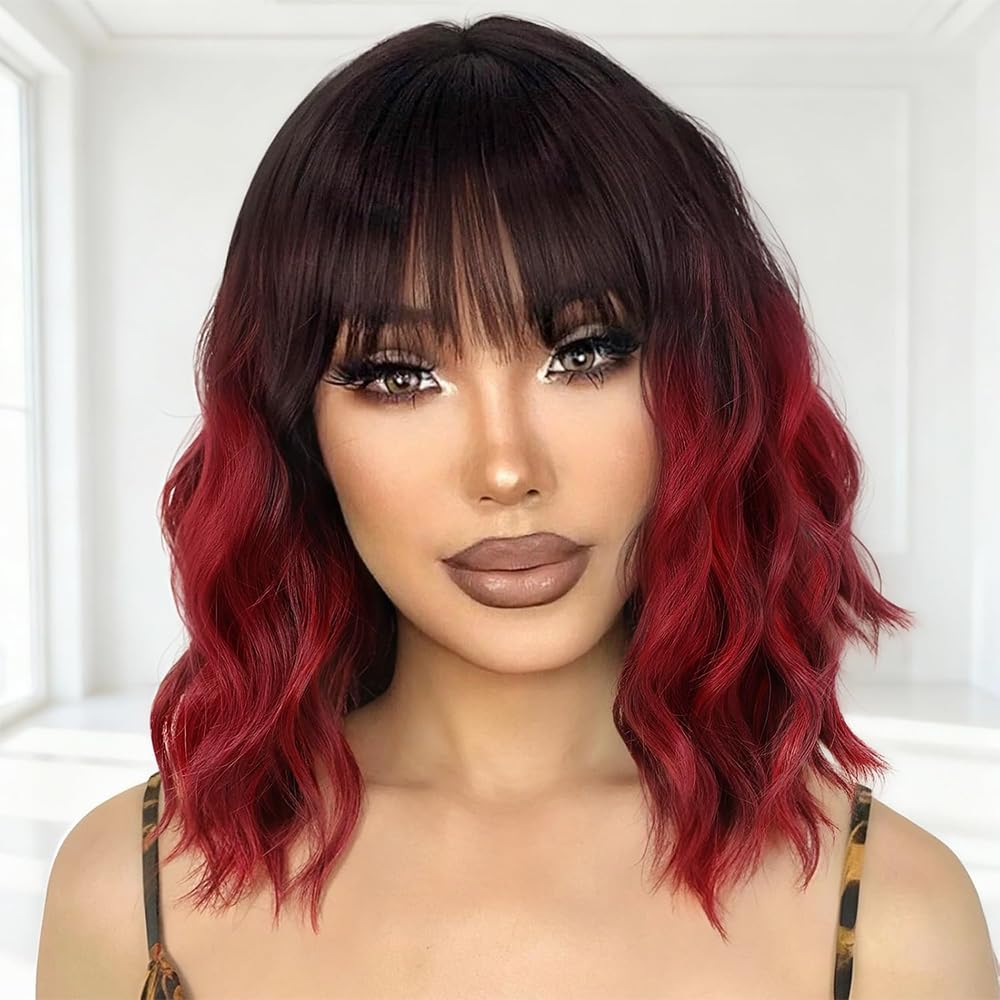 Black Mixed Brown Wig for Black Women Short Wavy Curly Bob Wig with Bangs