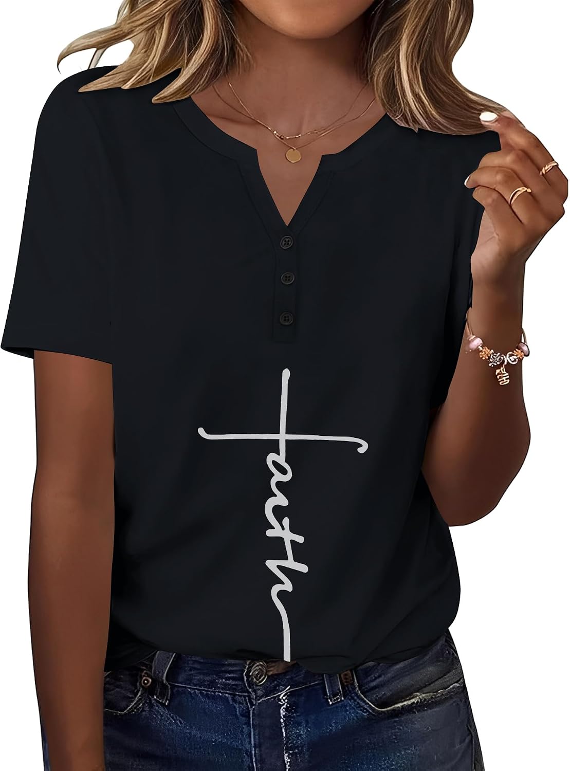 TCOT Women's Tops Dressy Casual Summer Blouses Short Sleeve Button V Neck Spring Tee Shirts