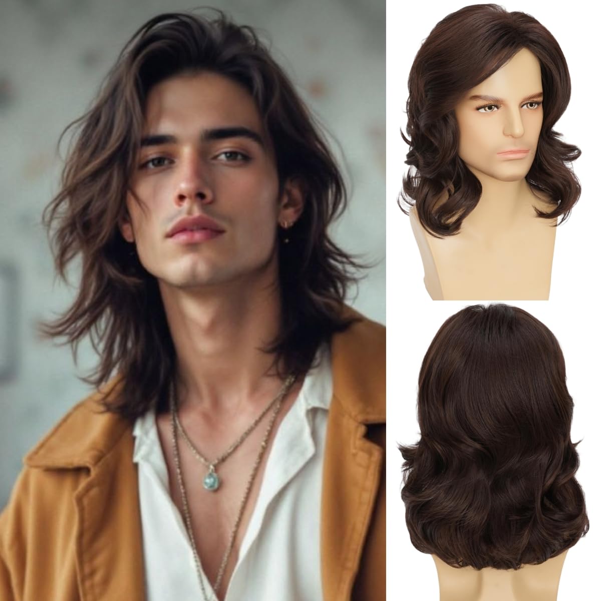 Mens Black Wig Long Curly Natural Hair Wig Layered Wavy for Daily Party Costume Cospaly Halloween