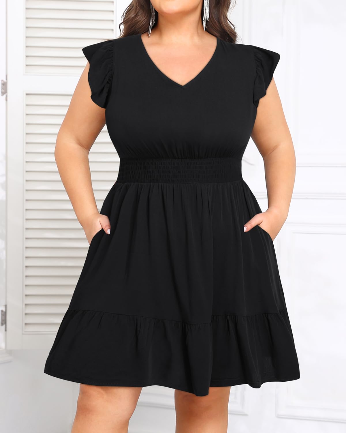Talisea Womens Plus Size V Neck Ruffle Sleeve Flowy Summer Dress