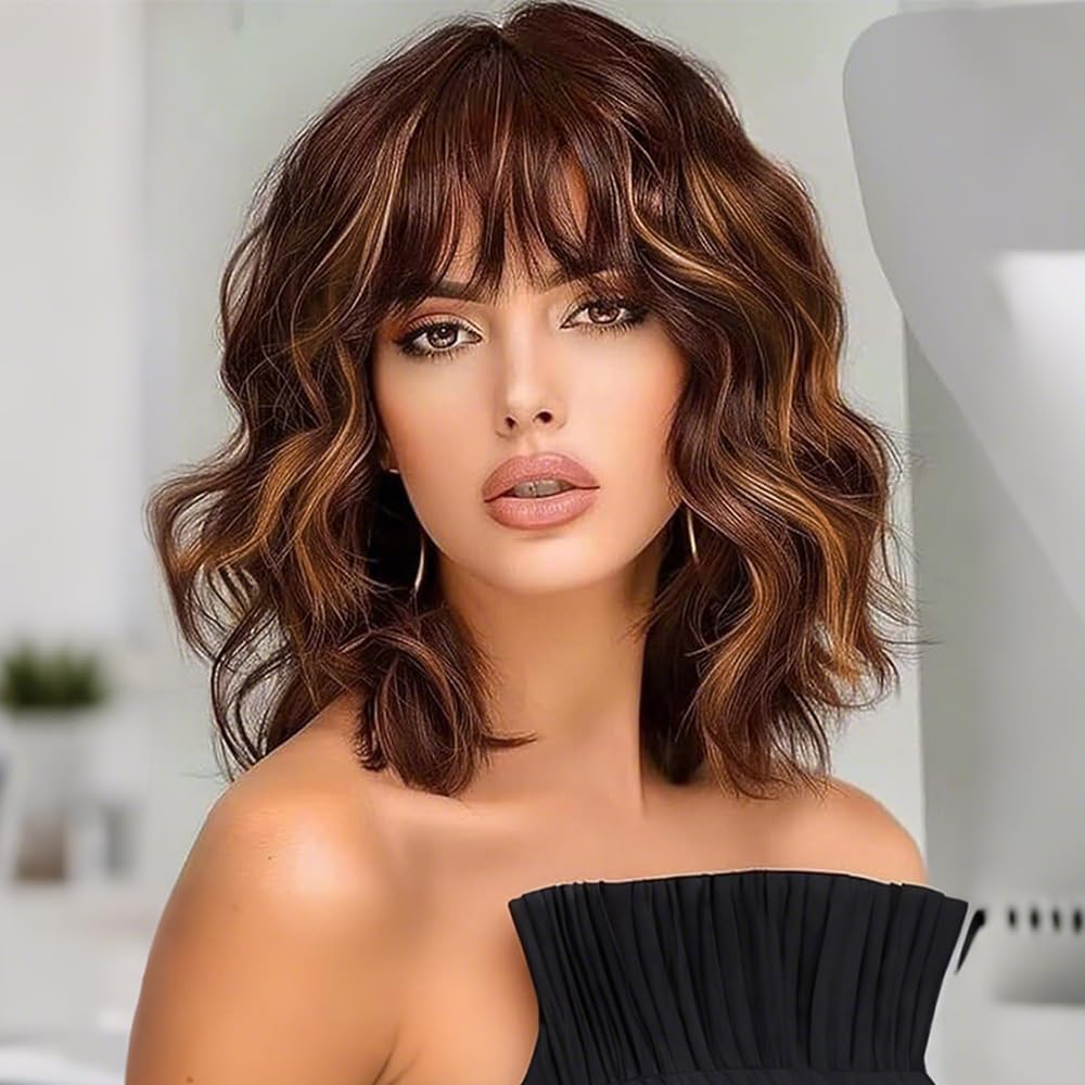 Black Mixed Brown Wig for Black Women Short Wavy Curly Bob Wig with Bangs