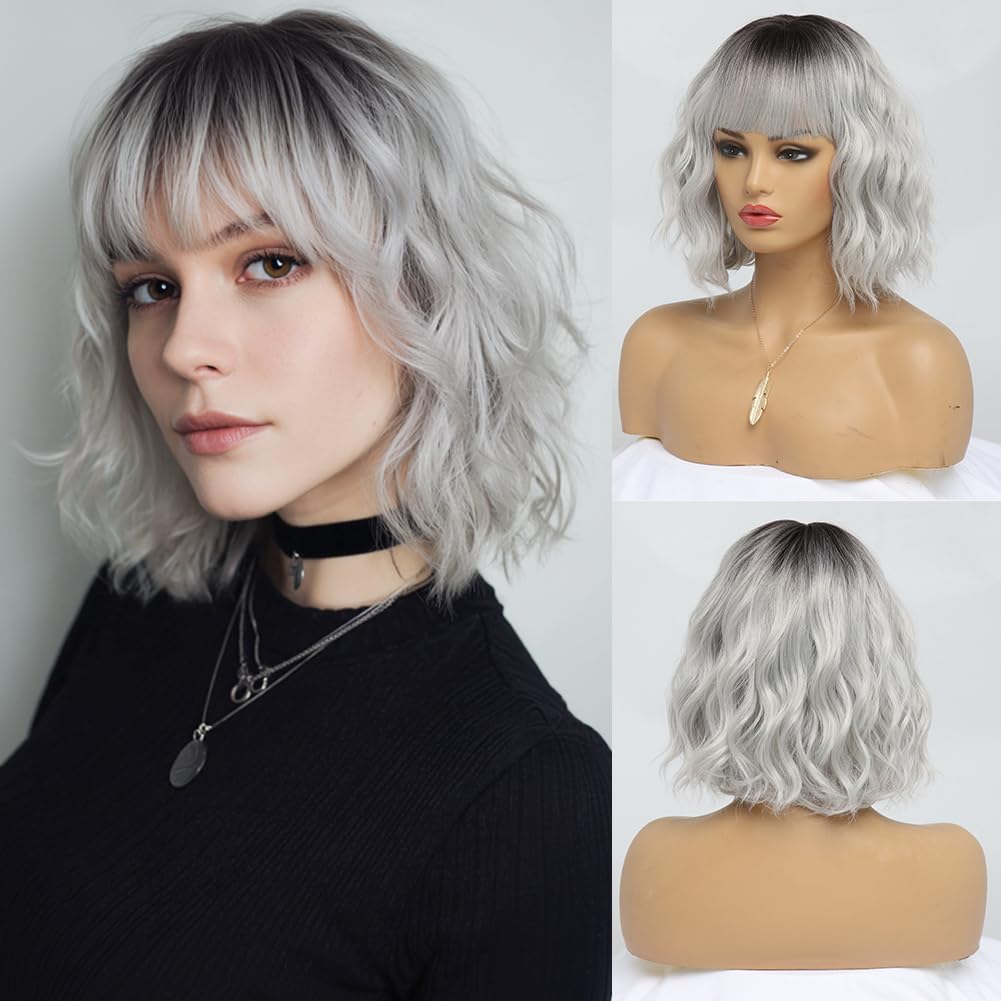 White Silver Wigs for Women Ombre Grey Wavy Bob Short Wigs with Bangs Medium Length Synthetic Hair Water Wave Dark Roots Wig Gray Colorful Wigs（14 Inches）