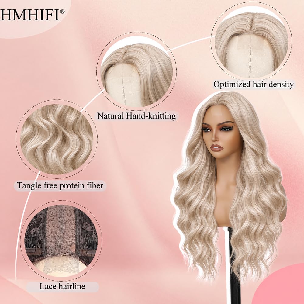 HMHIFI Blonde Wig for Women,26 Inch Long Wavy Curly Middle Part Hair