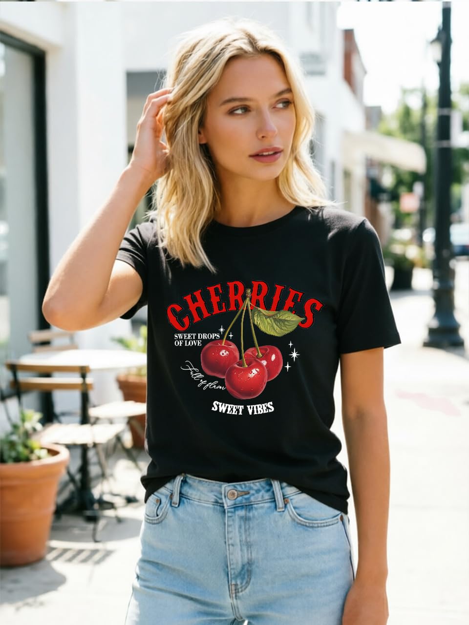 Cherry Graphic Tees Sweet Vibe Streetwear Shirt Short Sleeve Tops for Women