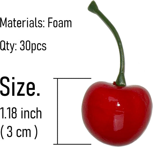 30 Pcs Fake Cherries, 30mm/1.18 Inch, Lifelike Artificial Red Cherry. *NOT EDIBLE*