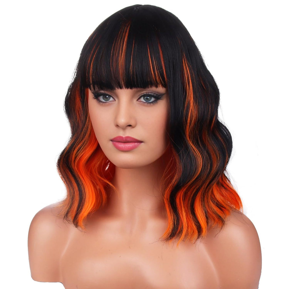 BERON 14 Inches Pink Wig for Women Girls Short Curly Synthetic Wig with Bangs Lovely Pink