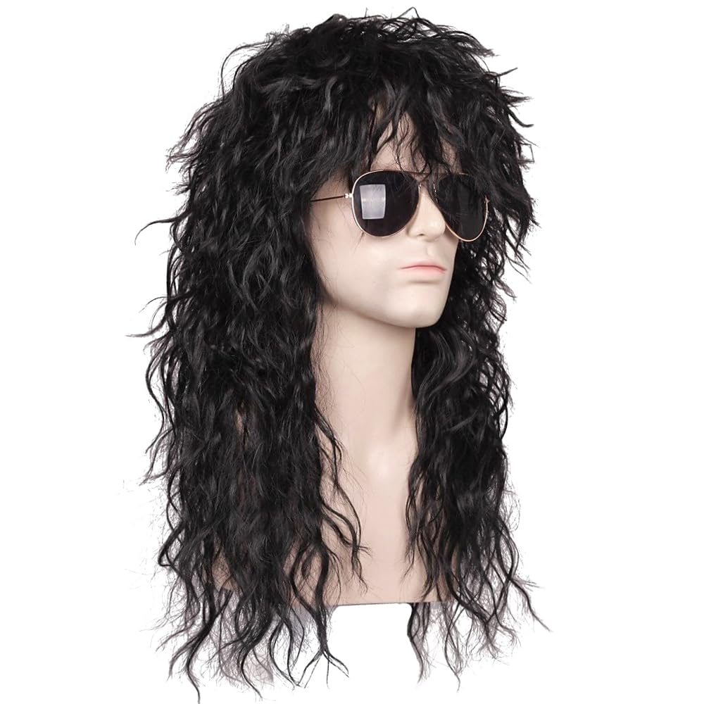 PORSMEER Mens Long Curly Rock N Roll Wig for Men Heavy Metal Rock Disco Hair for Rockstar, Halloween, Party, Retro Music Festival (Black)