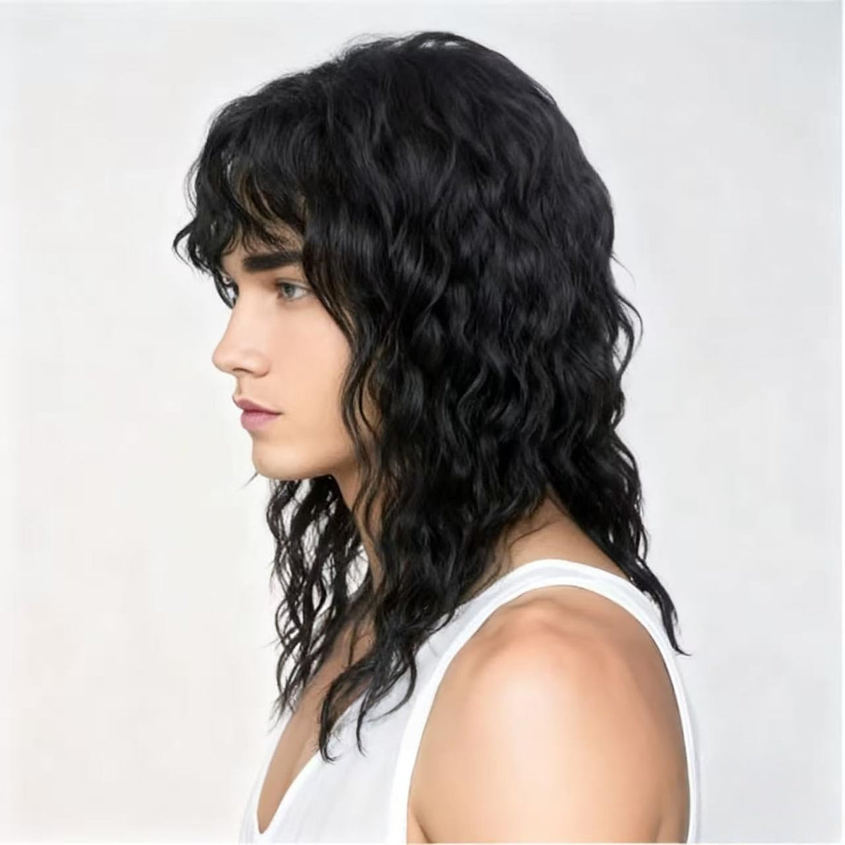 Mens Black Wig Long Curly Natural Hair Wig Layered Wavy for Daily Party Costume Cospaly Halloween