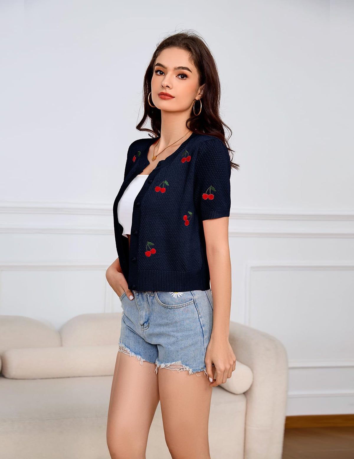 Bbonlinedress Women Cherry Short Sleeve Cardigan Tops Vintage Sweater Shirt