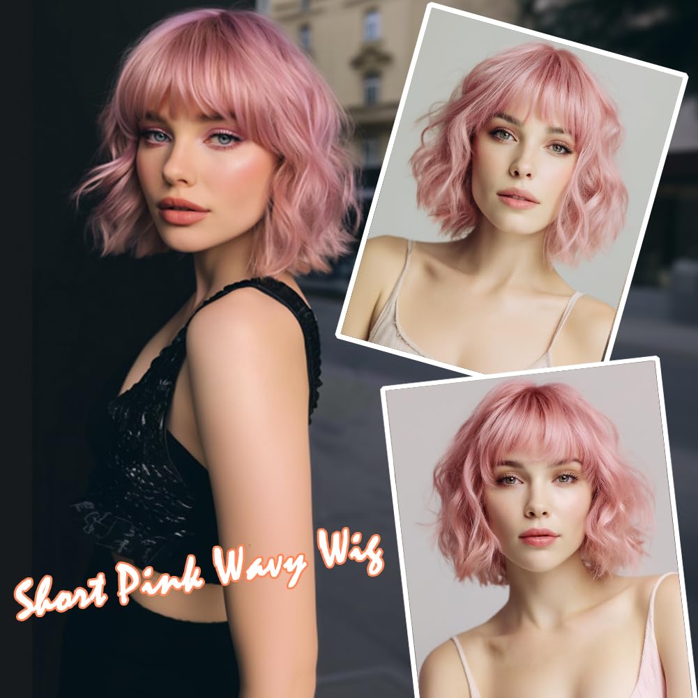 White Silver Wigs for Women Ombre Grey Wavy Bob Short Wigs with Bangs Medium Length Synthetic Hair Water Wave Dark Roots Wig Gray Colorful Wigs（14 Inches）