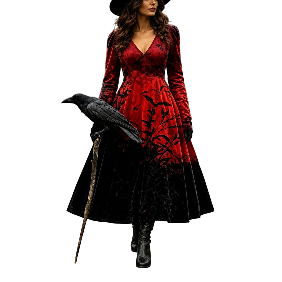 Halloween Dresses For Women V-Neck Skull Print Witch Costumes Gothic Dress