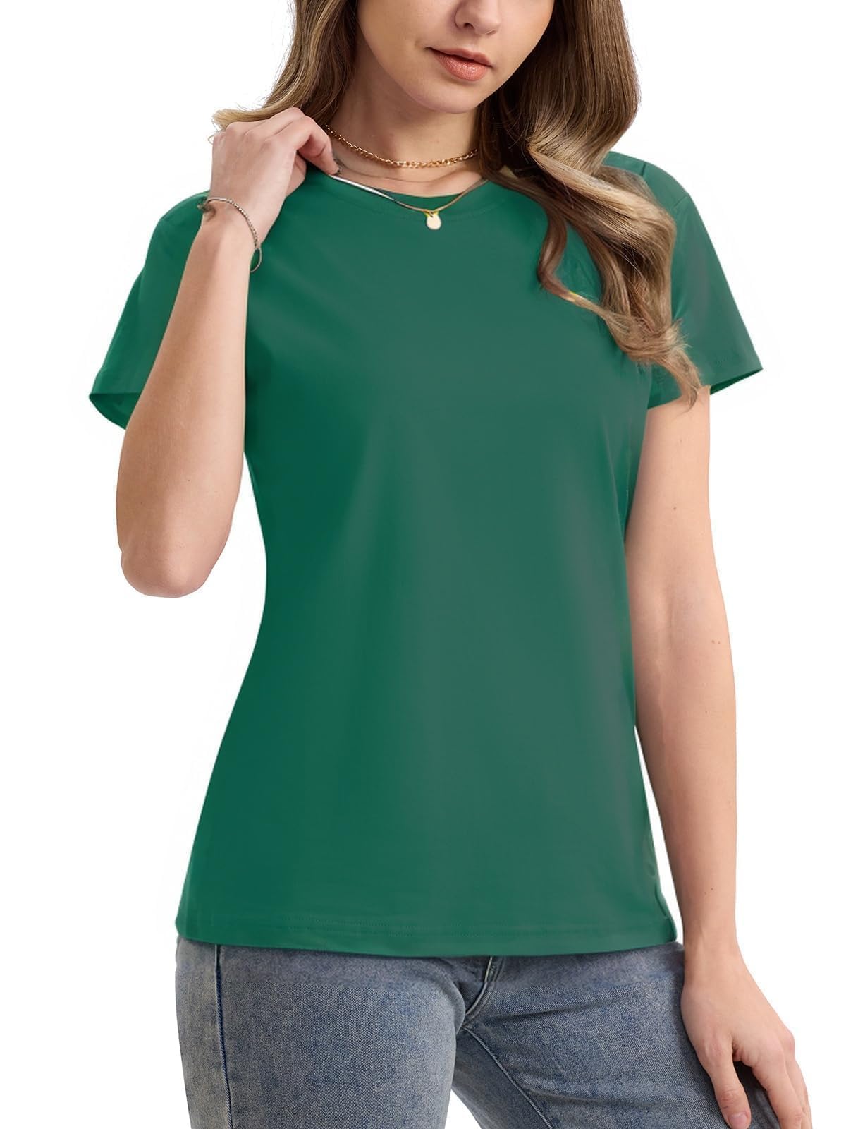SMENG Women's Cotton Crewneck T-Shirts Short Sleeve Basic Solid Color Tee Classic-Fit Shirt Breathable Comfy Summer Top