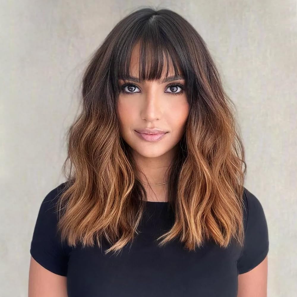 Black Mixed Brown Wig for Black Women Short Wavy Curly Bob Wig with Bangs