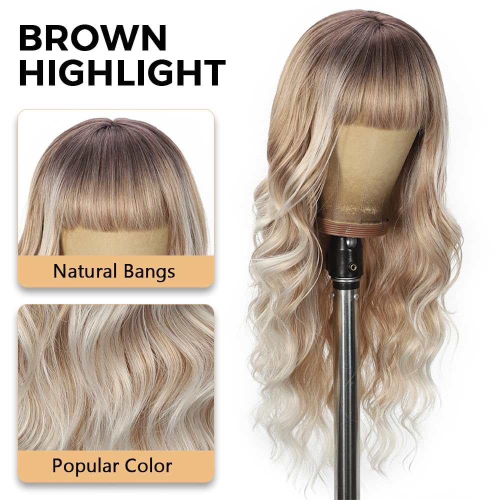 Black Wig with Bangs Long curly wavy Wigs for Women26In Synthetic Black Wig