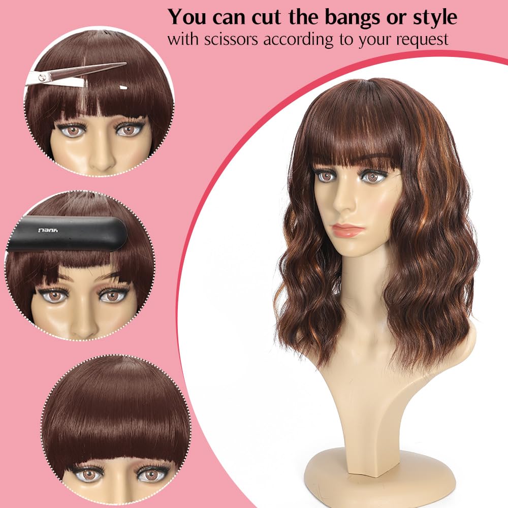 Black Mixed Brown Wig for Black Women Short Wavy Curly Bob Wig with Bangs