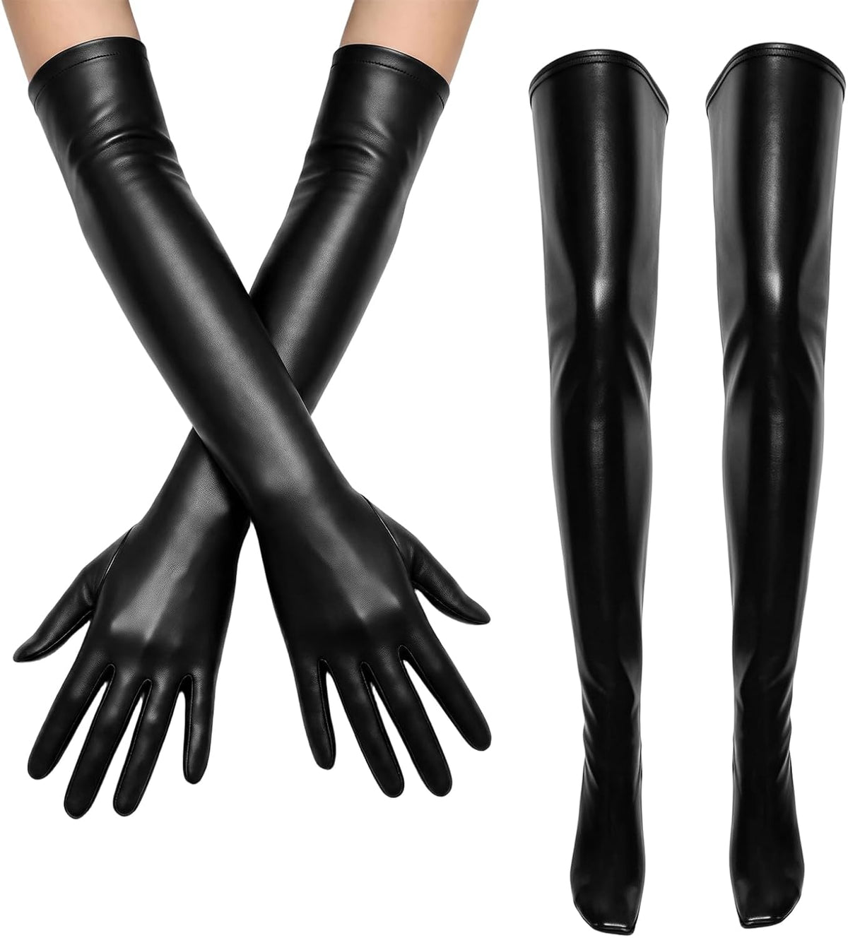 Women Halloween Shiny Wet Spandex Long Gloves and Thigh High Stockings Set
