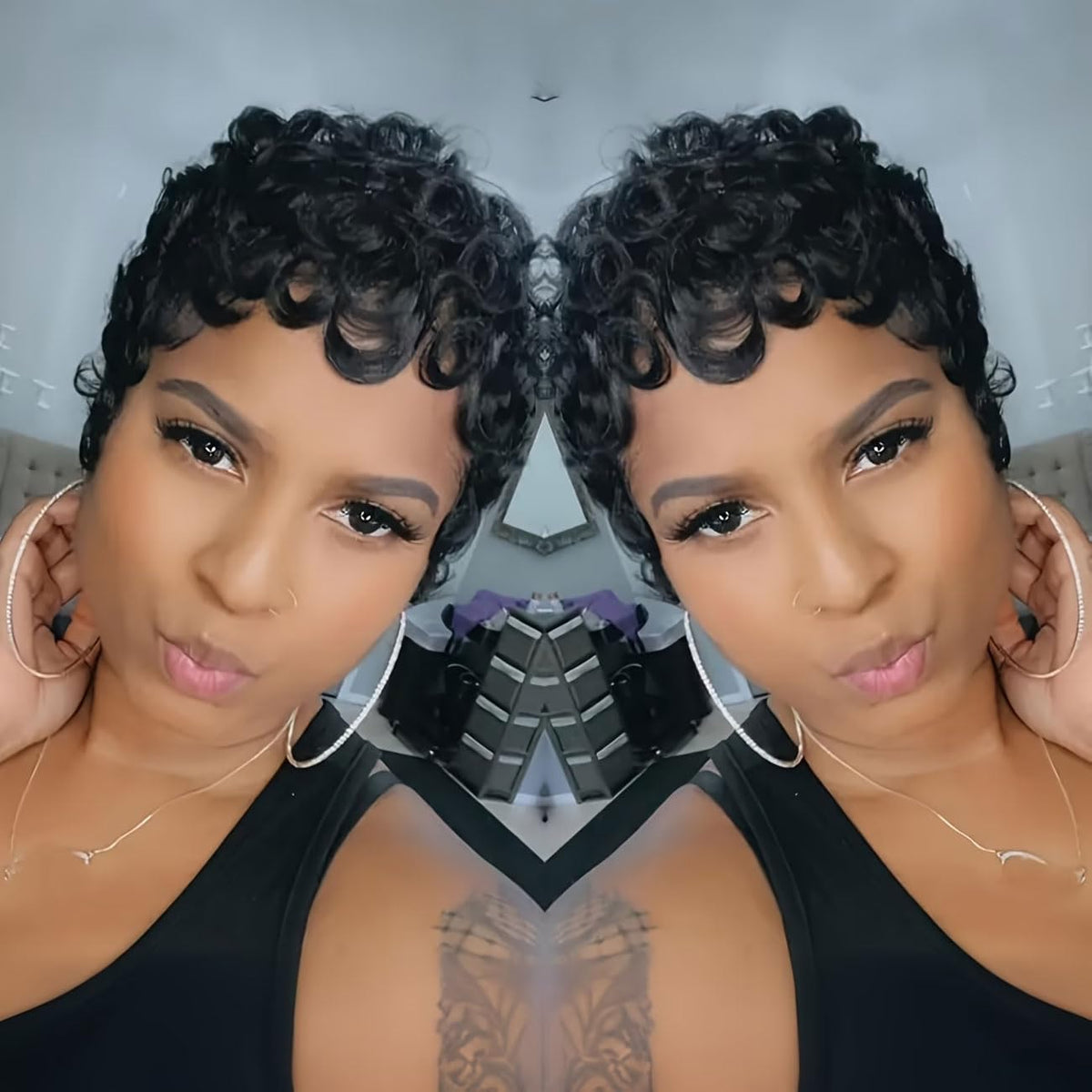 VRZ Pixie Cut Wigs for Black Women Brazilian Curly Pixie Cut Wig Human Hair Glueless Short Layered Wigs With Bangs Natural Black Color No Glue Human Hair Wig for Daily Use