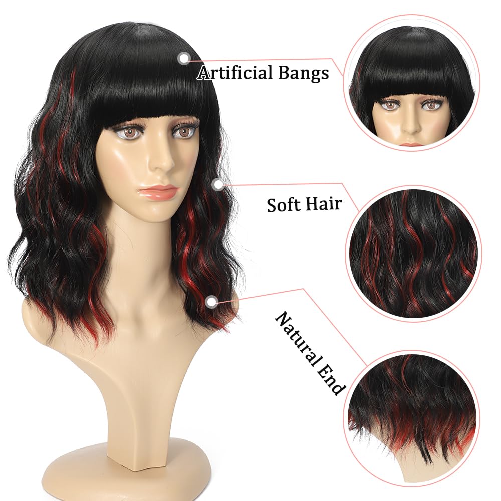 Black Mixed Brown Wig for Black Women Short Wavy Curly Bob Wig with Bangs