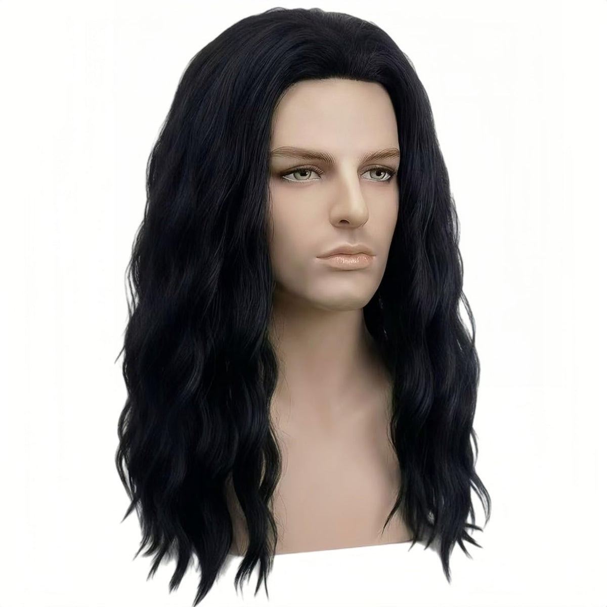 Mens Black Wig Long Curly Natural Hair Wig Layered Wavy for Daily Party Costume Cospaly Halloween