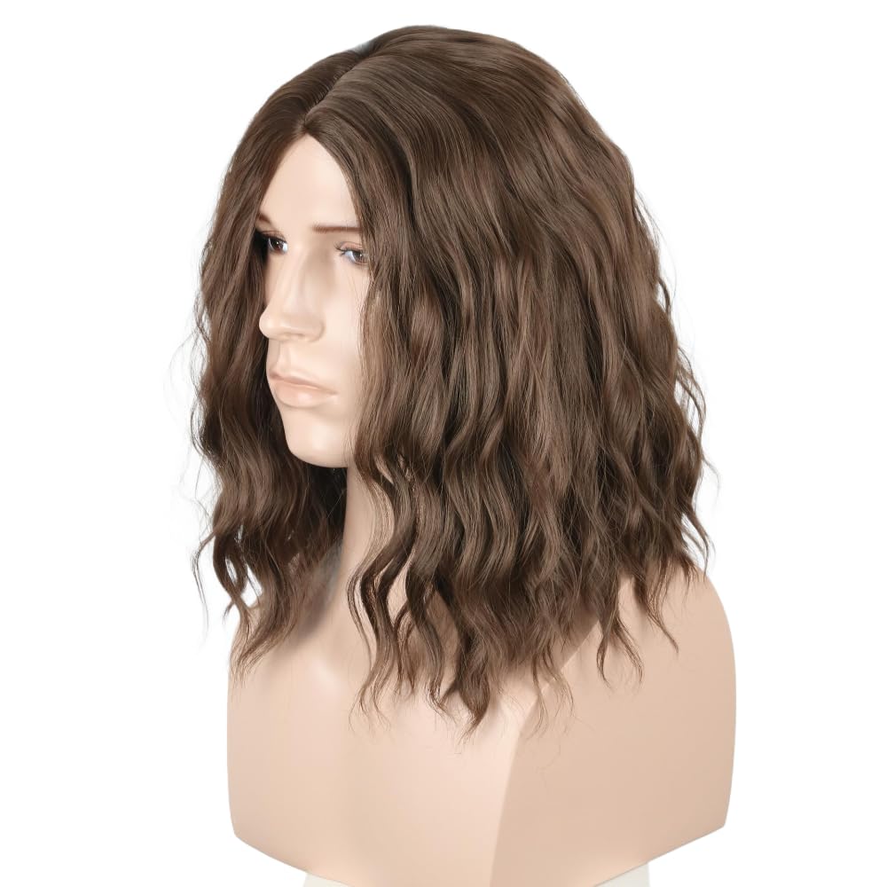 Men's Black Brown Wig Wavy Mid Length Hair Halloween Cosplay Costume Wig