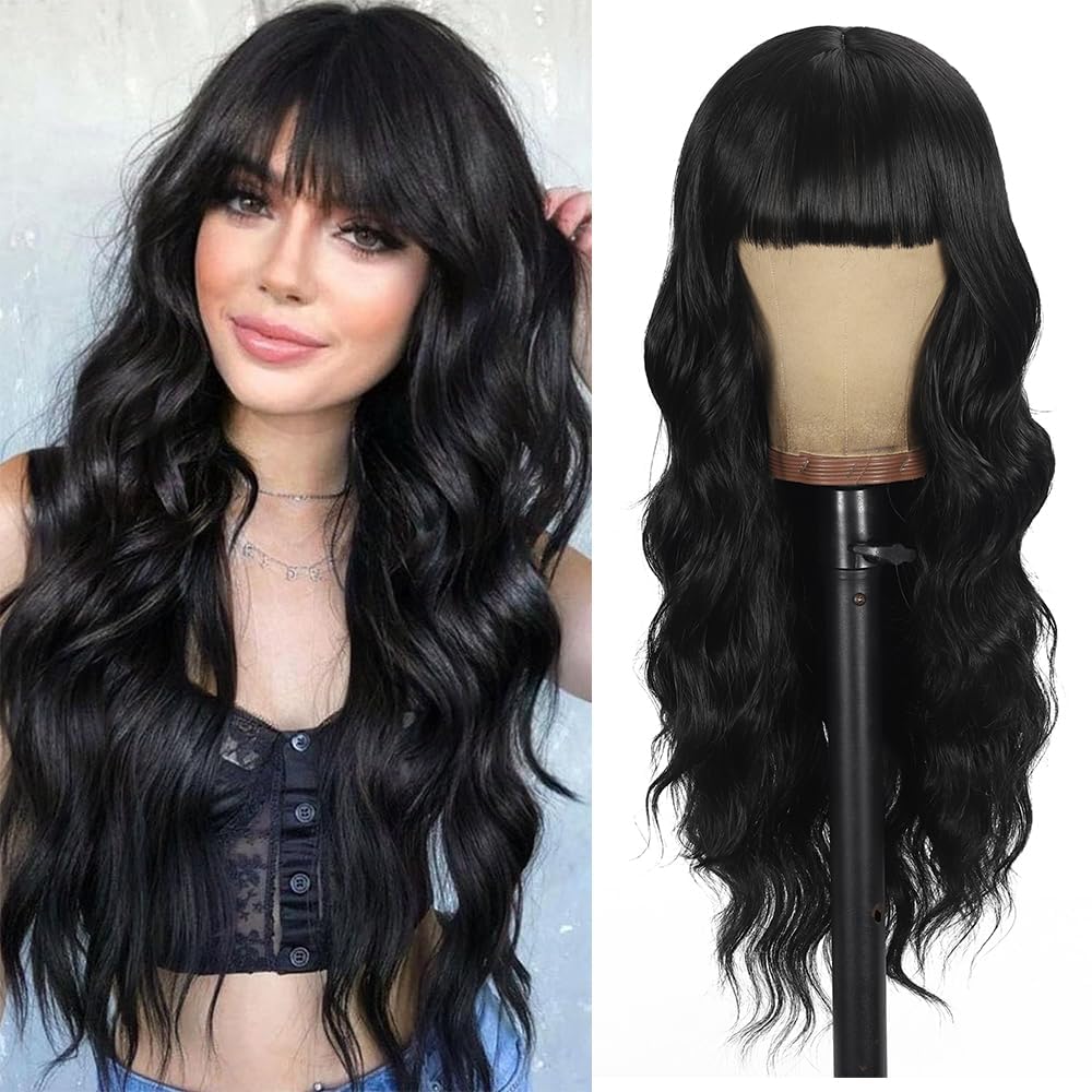 Black Wig with Bangs Long curly wavy Wigs for Women26In Synthetic Black Wig