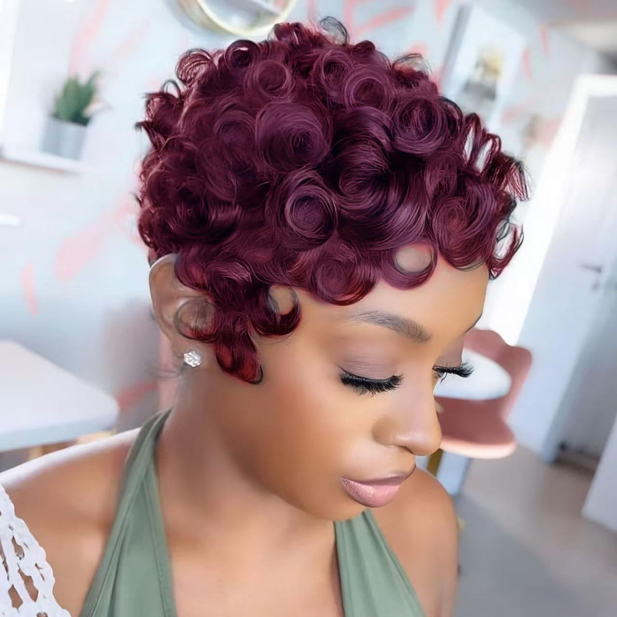 VRZ Pixie Cut Wigs for Black Women Brazilian Curly Pixie Cut Wig Human Hair Glueless Short Layered Wigs With Bangs Natural Black Color No Glue Human Hair Wig for Daily Use