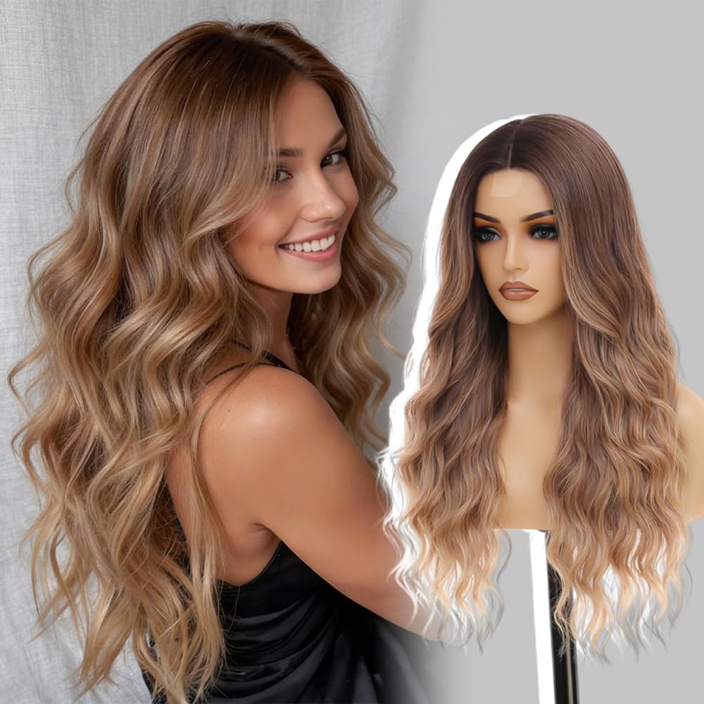 HMHIFI Blonde Wig for Women,26 Inch Long Wavy Curly Middle Part Hair