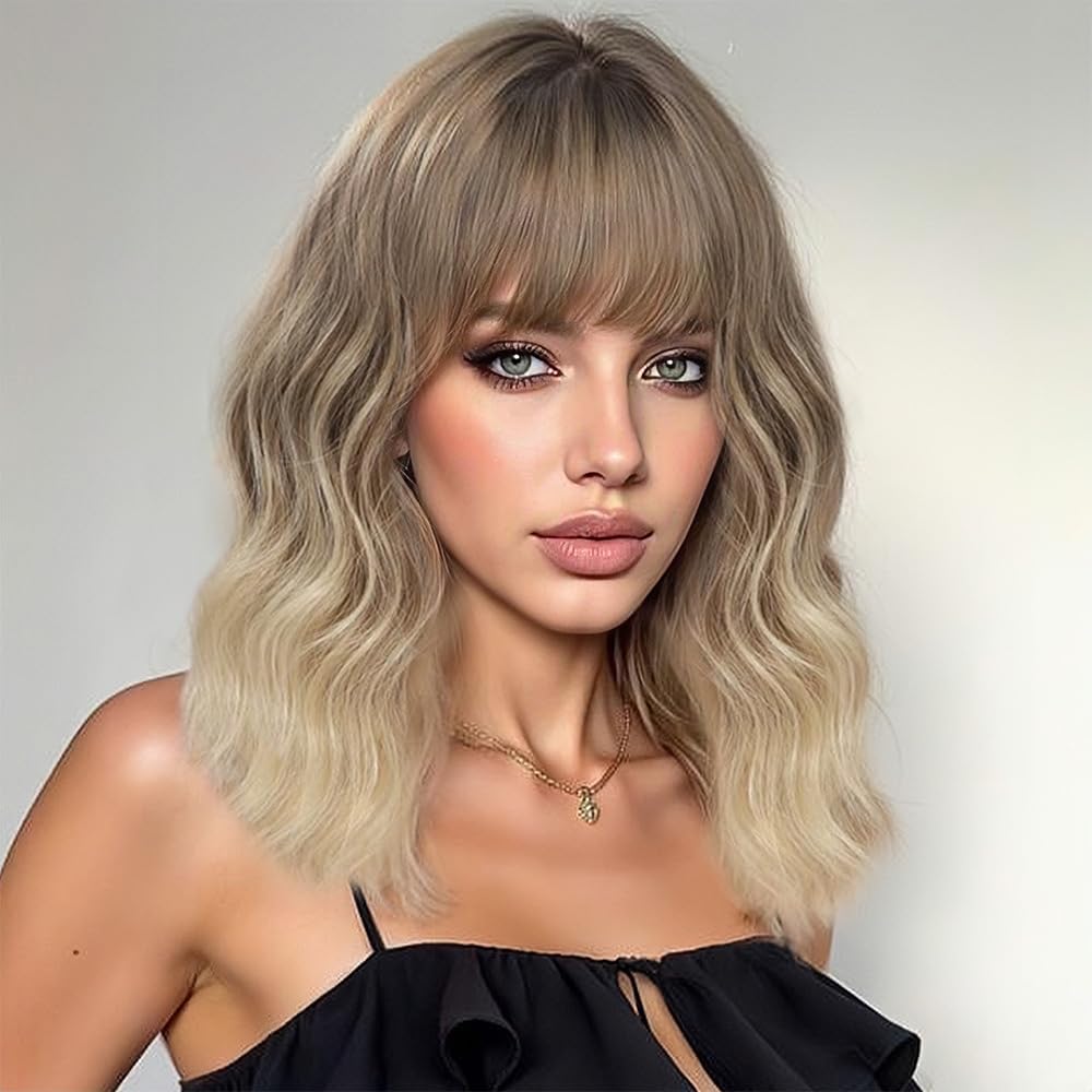 Black Mixed Brown Wig for Black Women Short Wavy Curly Bob Wig with Bangs